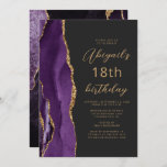 Paars Gold Agate Slate Script 18th Birthday Kaart<br><div class="desc">De linkerrand van deze elegante,  moderne verjaardagsfeestelijke uitnodiging is voorzien van een paarse waterverf-agatgrens die is getrimd met gouden faux glitter. De aanpasbare tekst combineert een goudkleurig script en maakt serif lettertypen op een zwarte leisteenachtergrond. De achterzijde is voorzien van een passend paars en goudvormig ontwerp.</div>