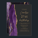 Paars Gold Agate Slate Script 21st Birthday Kaart<br><div class="desc">De linkerrand van deze elegante,  moderne verjaardagsfeestelijke uitnodiging is voorzien van een paarse waterverf-agatgrens die is getrimd met gouden faux glitter. De aanpasbare tekst combineert een goudkleurig script en maakt serif lettertypen op een zwarte leisteenachtergrond. De achterzijde is voorzien van een passend paars en goudvormig ontwerp.</div>