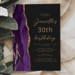 Paars Gold Agate Slate Script 30th Birthday Kaart<br><div class="desc">De linkerrand van deze elegante 30e verjaardagsfeestuitnodiging is voorzien van een paarse waterverf agaatrand met gouden faux glitter. De aanpasbare tekst combineert goudkleurig schrift en schreefloze lettertypen op een leisteen zwarte achtergrond. De achterkant heeft een bijpassend paarse en gouden agaat ontwerp.</div>