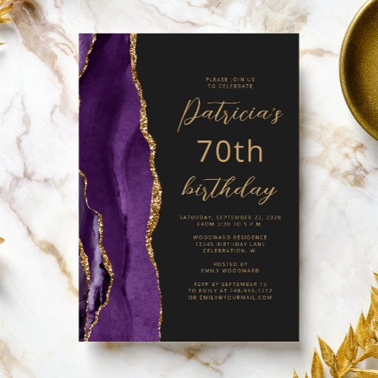 Paars Gold Agate Slate Script 70th Birthday Kaart