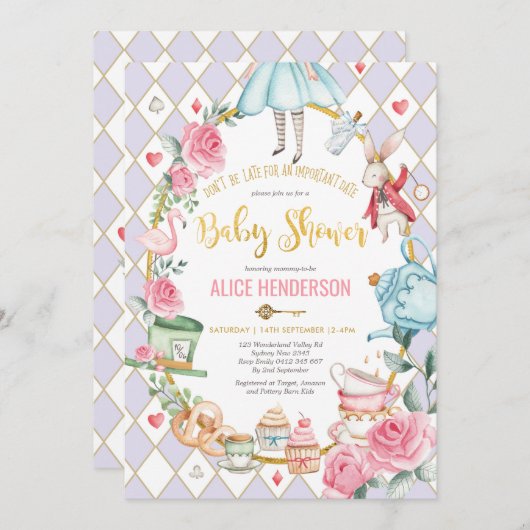 Paars Gold Alice in Wonderland Baby shower Tea Kaart (Voorkant / Achterkant)