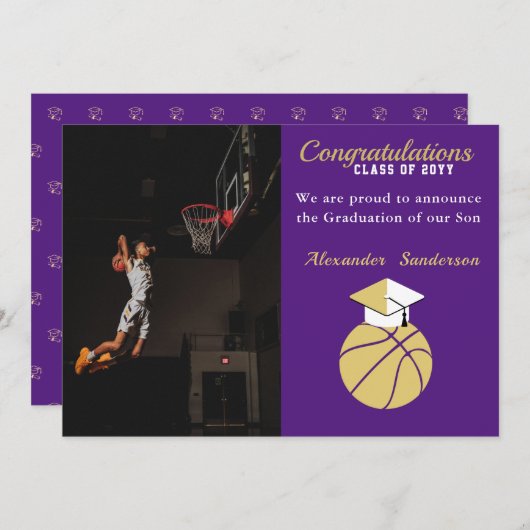 Paars Gold Basketball afstuderen Aankondiging (Voorkant / Achterkant)