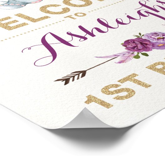 Paars Gold Boho Elephant Birthday Welkomstteken Poster (Hoek)
