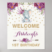 Paars Gold Boho Elephant Birthday Welkomstteken Poster (Voorkant)