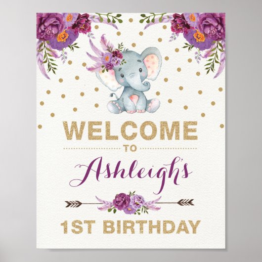 Paars Gold Boho Elephant Birthday Welkomstteken Poster (Voorkant)