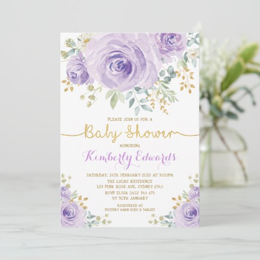 Paars Gold Boho Floral Roos Girl Baby shower Kaart (Staand voorkant)