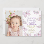 Paars Gold Butterflies Foto 1e verjaardag Kaart (Voorkant)
