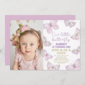 Paars Gold Butterflies Foto 1e verjaardag Kaart (Voorkant / Achterkant)