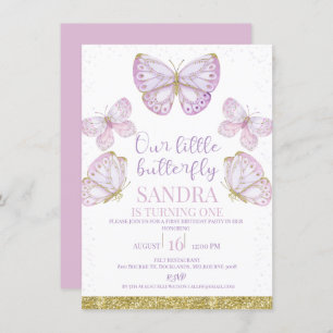 Paars Gold Butterflies Girls 1e verjaardag Invitat Kaart