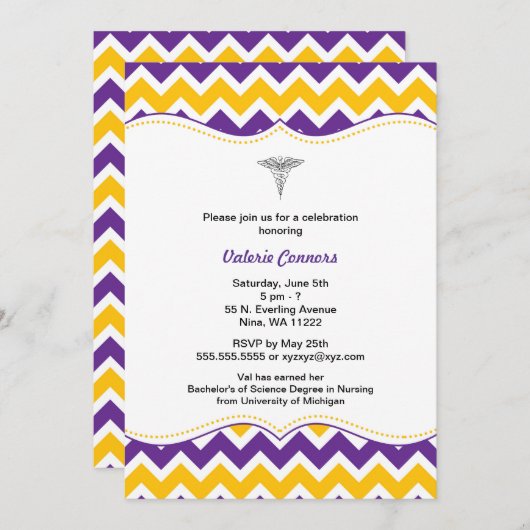 Paars Gold Chevron Nurse Afstuderen Invite RN BSN Kaart (Voorkant / Achterkant)