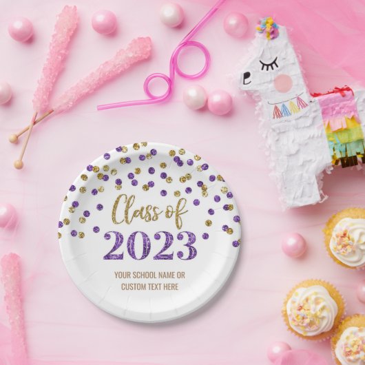 Paars Gold Confetti Afstuderen 2023 Papieren Bordje (Feest)