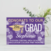 Paars Gold Confetti Bokeh Bubbles Afstuderen Kaart (Staand voorkant)