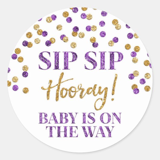 Paars Gold Confetti Sip Sip Hooray Ronde Sticker (Voorkant)
