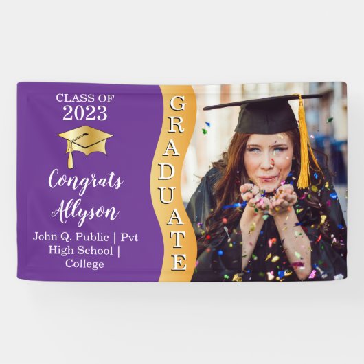 Paars | Gold Congrats Afstuderen Wave Photo Spandoek (Horizontaal)