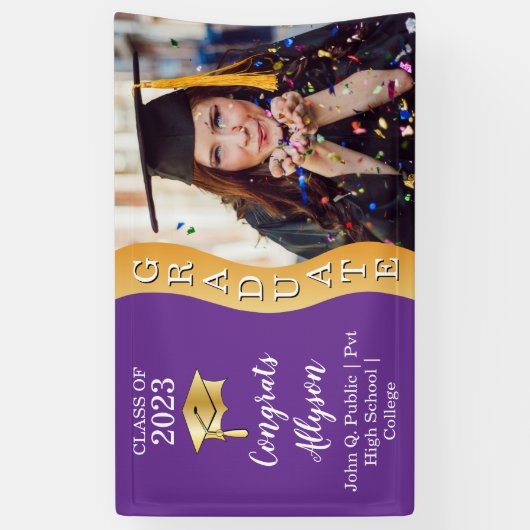 Paars | Gold Congrats Afstuderen Wave Photo Spandoek (Verticaal)