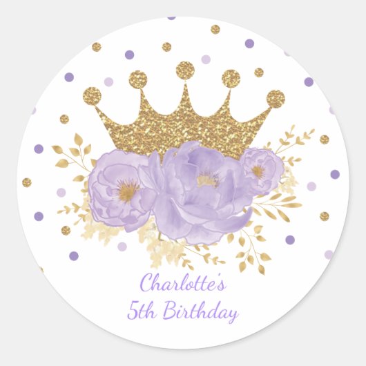 Paars Gold Crown Prinses Floral Birthday Baby Ronde Sticker (Voorkant)