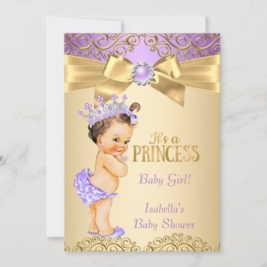 Paars Gold Damask Princess Baby shower Brunette Kaart (Voorkant)