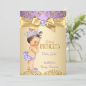 Paars Gold Damask Princess Baby shower Brunette Kaart (Staand voorkant)