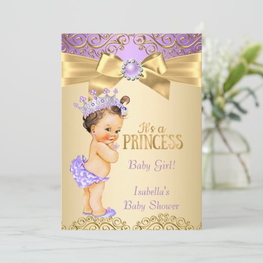 Paars Gold Damask Princess Baby shower Brunette Kaart (Staand voorkant)