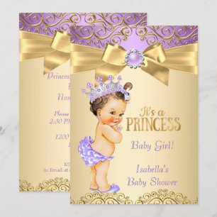Paars Gold Damask Princess Baby shower Brunette Kaart