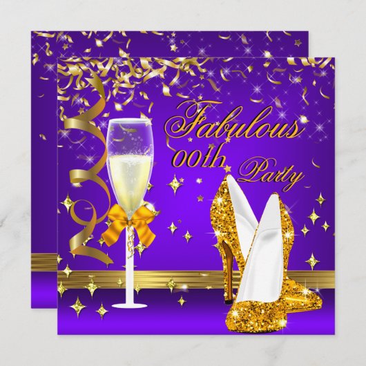 Paars Gold Fabulous Champagne Heels Birthday Kaart (Voorkant / Achterkant)