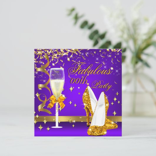 Paars Gold Fabulous Champagne Heels Birthday Kaart (Staand voorkant)