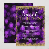 Paars Gold Faux Glitter Lights Sweet 13 verjaardag Kaart (Voorkant / Achterkant)