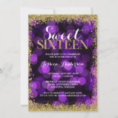 Paars Gold Faux Glitter Lights Sweet 16 verjaardag Kaart (Voorkant)