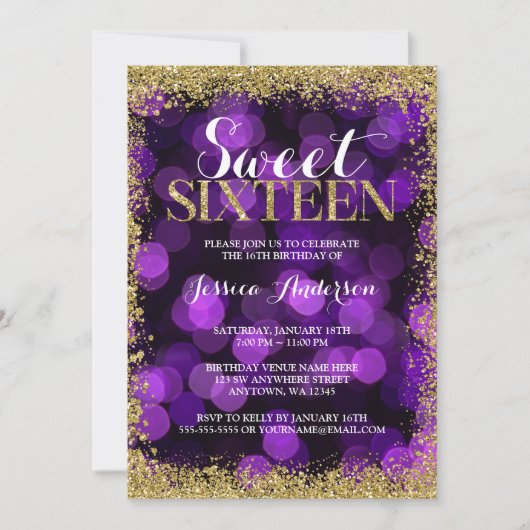 Paars Gold Faux Glitter Lights Sweet 16 verjaardag Kaart (Voorkant)