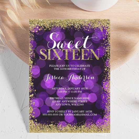 Paars Gold Faux Glitter Lights Sweet 16 verjaardag Kaart