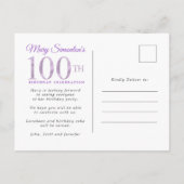 Paars Gold Floral 100e verjaardag van de uitnodigi Uitnodiging Briefkaart (Achterkant)