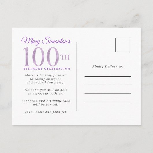 Paars Gold Floral 100e verjaardag van de uitnodigi Uitnodiging Briefkaart (Achterkant)