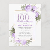 Paars Gold Floral 100e verjaardag van de uitnodigi Uitnodiging Briefkaart (Voorkant)