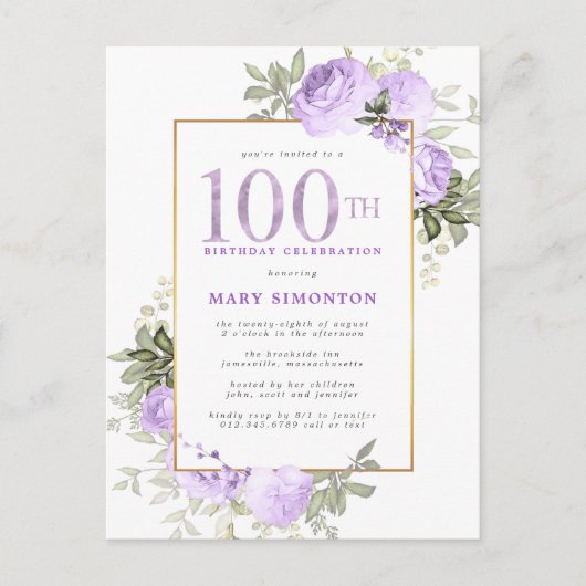Paars Gold Floral 100e verjaardag van de uitnodigi Uitnodiging Briefkaart (Voorkant)