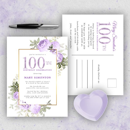 Paars Gold Floral 100e verjaardag van de uitnodigi Uitnodiging Briefkaart