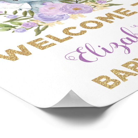 Paars Gold Floral Elephant Baby shower Welkom Poster (Hoek)