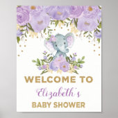 Paars Gold Floral Elephant Baby shower Welkom Poster (Voorkant)