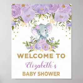 Paars Gold Floral Elephant Baby shower Welkom Poster