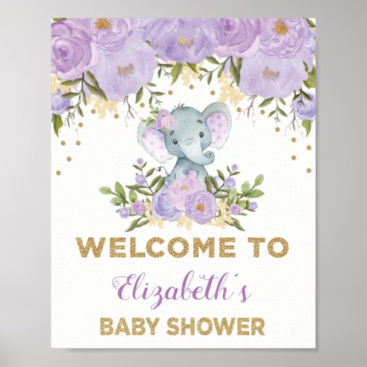 Paars Gold Floral Elephant Baby shower Welkom Poster (Voorkant)
