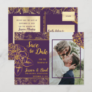 Paars   Gold  Floral Foto Save the Date Aankondigingskaart