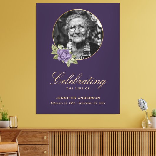 Paars Gold Floral Photo Funeral Welcome Sign. Canvas Afdruk (Insitu (Woonkamer))