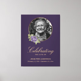 Paars Gold Floral Photo Funeral Welcome Sign. Canvas Afdruk