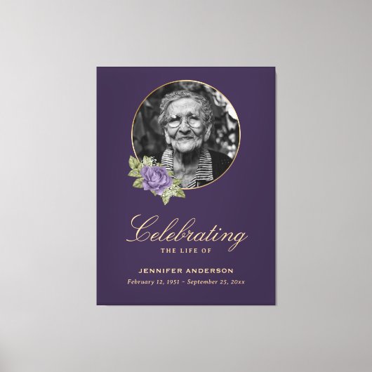 Paars Gold Floral Photo Funeral Welcome Sign. Canvas Afdruk (Voorkant)