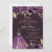 Paars Gold Floral Princess Quinceañera Kaart (Voorkant)