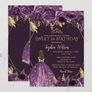 Paars Gold Floral Princess Sweet 16 Kaart