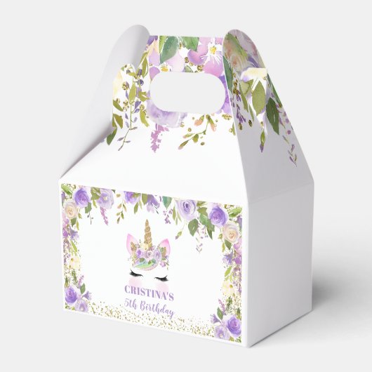 Paars Gold Floral Unicorn Birthday Favor Box Bedankdoosjes (Voorkant Zijde)
