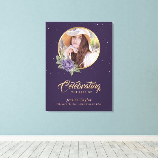 Paars Gold Floral - Welkomstteken Canvas Afdruk (Insitu (Houten vloer))