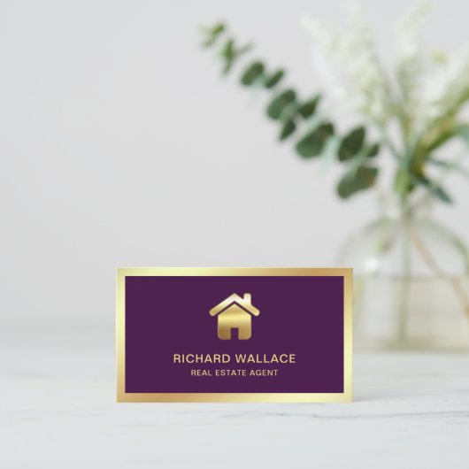 Paars Gold Foil Home Logo Real Estate Agent Visitekaartje (Staand voorkant)