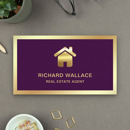 Paars Gold Foil Home Logo Real Estate Agent Visitekaartje
