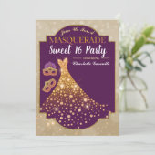Paars Gold Glam Sweet 16 uitnodiging (Staand voorkant)